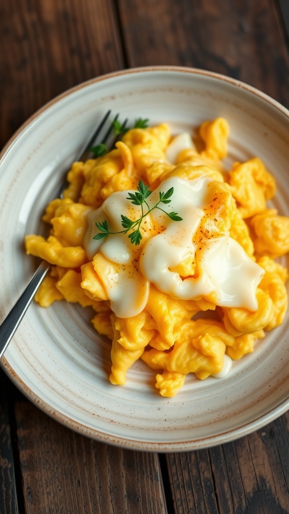Fluffy scrambled eggs with cheese served on a plate with herbs on a rustic table.